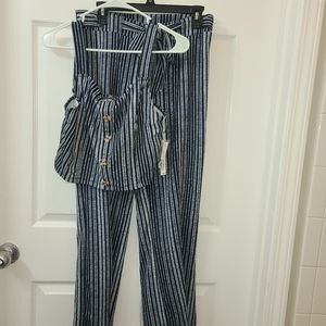 navy pinstripe pants set tie waste paints cropped top with buttons new with tags